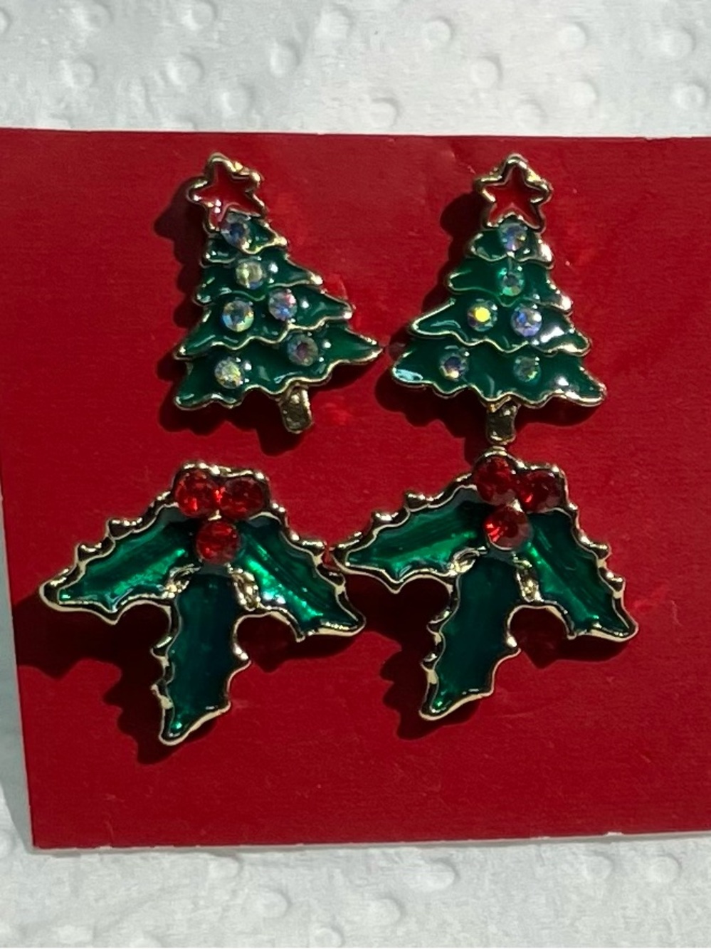 Festive Green Christmas Tree and Holly stud  Earrings